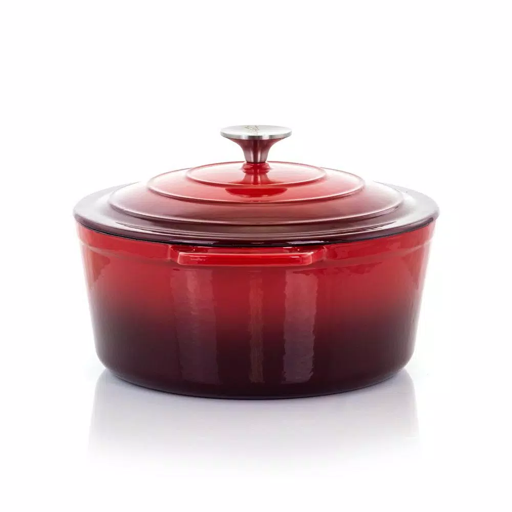 MegaChef 4 Qt. Round Enameled Cast Iron Casserole Dish with Lid, Red