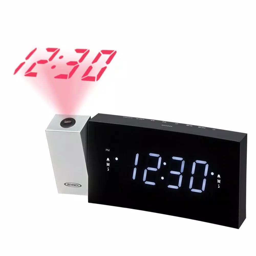 Jensen JCR-238 Digital Dual Alarm Projection Clock Radio with USB Charging Port, Black and Silver
