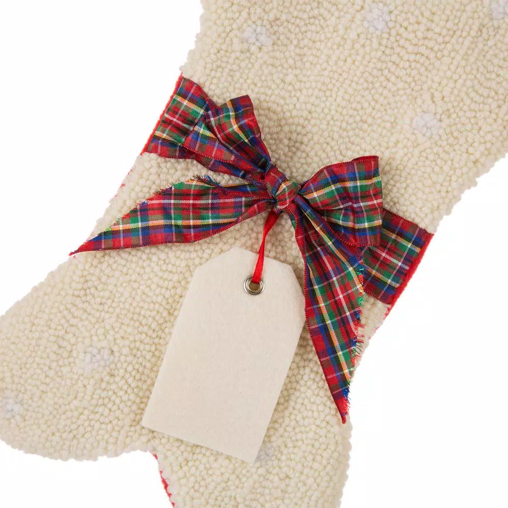Glitzhome 12.5 in. White Dog Bone Shaped Christmas Stocking with Red Plaid Bow