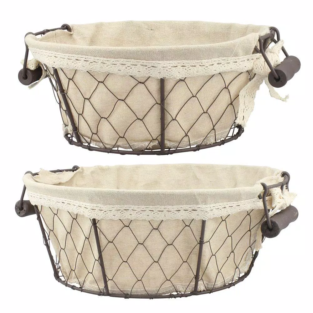 Stonebriar Collection 12 in. x 5 in. Iron Decorative Baskets with Fabric Lining and Wooden Handles, 2-Pack