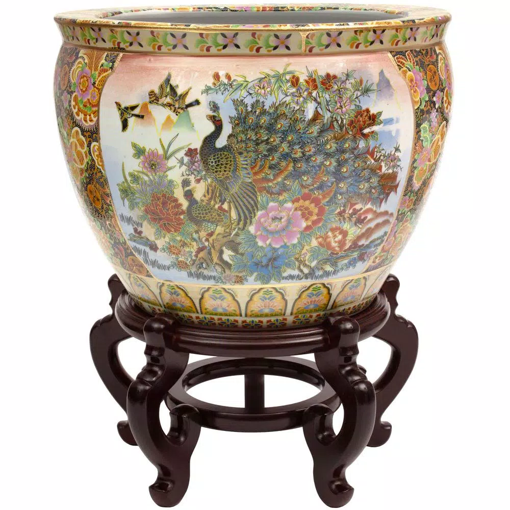 Unbranded Oriental Furniture 12 in. Famille Rose Porcelain Fishbowl with Hand-Painted Satsuma Design