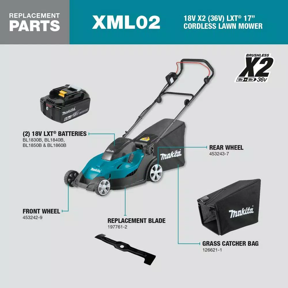 Makita 18V (36V) LXT Cordless Walk Behind Push Lawn Mower Kit, 17 in. Cutting Width, 5.0 Ah Batteries