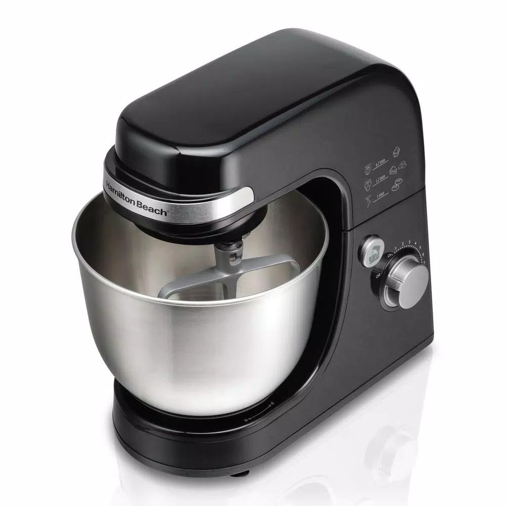 Hamilton Beach 4 Qt. 7-Speed Stand Mixer with Stainless Steel Bowl and 3 Attachments, Black