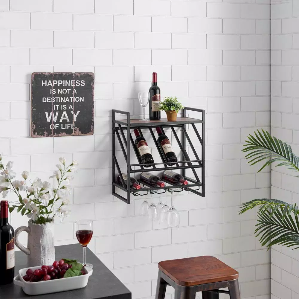 DANYA B 12-Bottle Black Wood Wall Mount Wine Rack with Stemware Organizer and Top Shelf