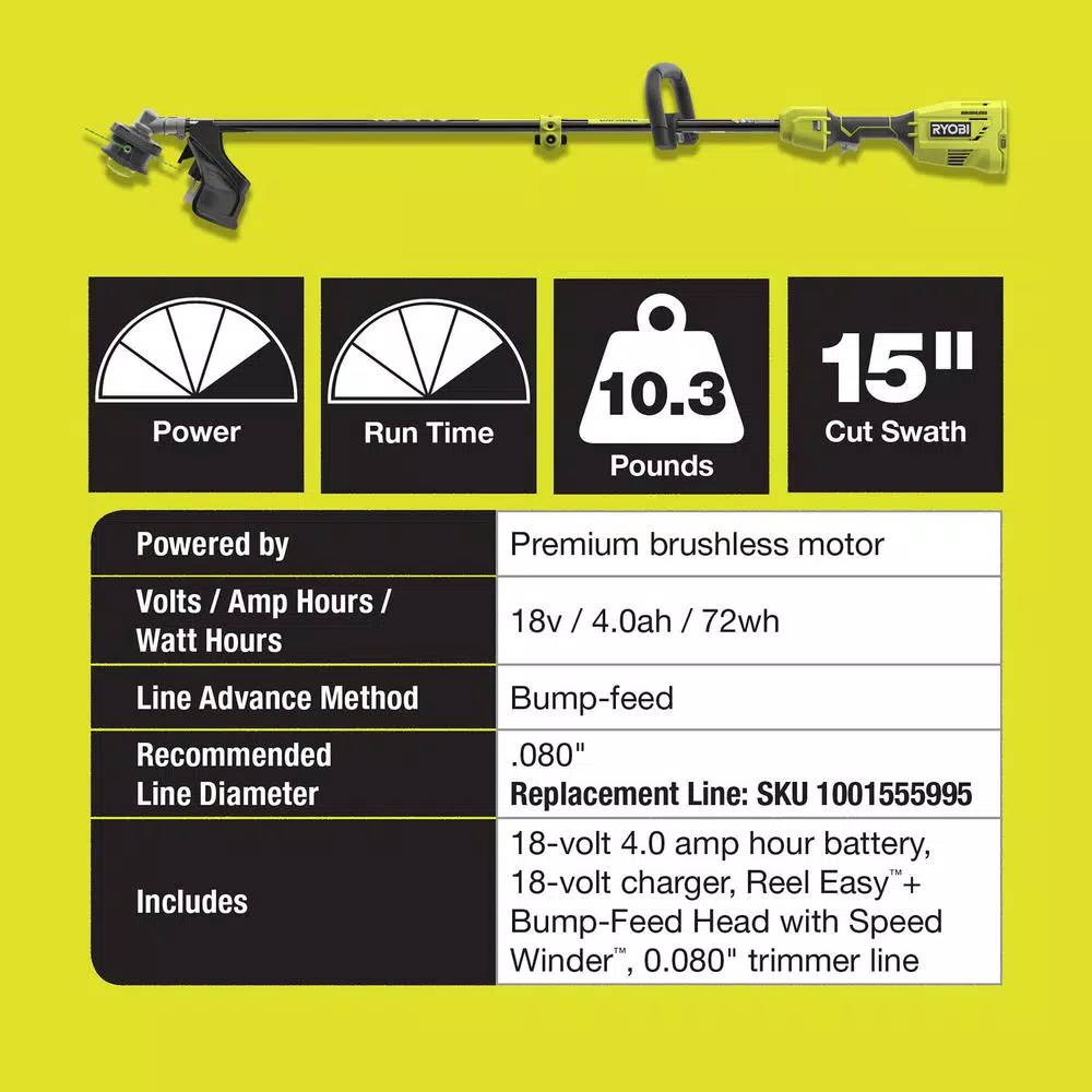 RYOBI ONE+ 18V Brushless String Trimmer and 10 in. Pole Saw Attachment Kit with 4 Ah Battery and Charger