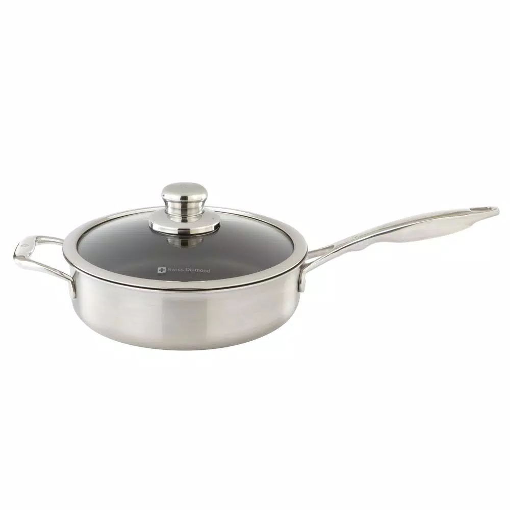Swiss Diamond Classic Series 3.1 Qt. Cast Aluminum Nonstick Saute Pan with Glass Lid, Stainless Steel
