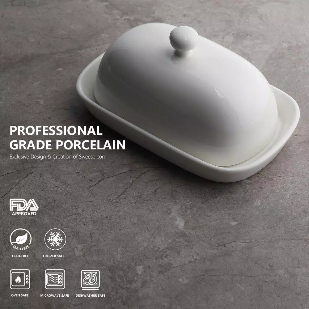 Sweese Porcelain Butter Dish with Lid - White, Modern Round Butter Keeper for 1 Stick