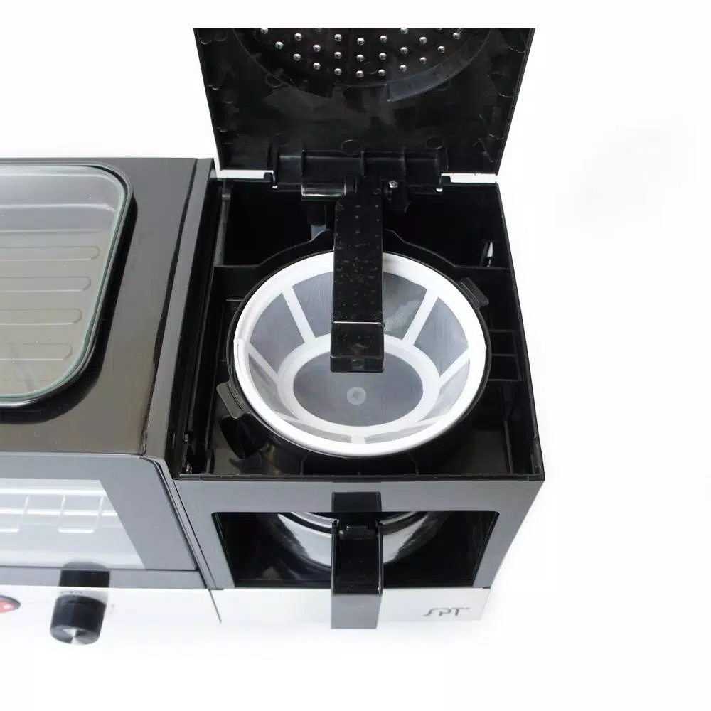 SPT 3-in-1 Breakfast Center 1450W Toaster Oven, Coffee Maker, and Griddle - Black and Stainless Steel
