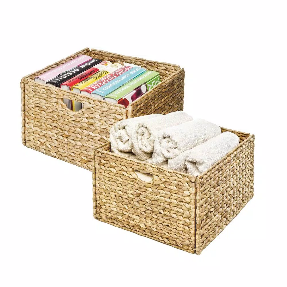 Seville Classics Water Hyacinth Storage Baskets, Hand-Woven Square Decorative Baskets, 2-Pack