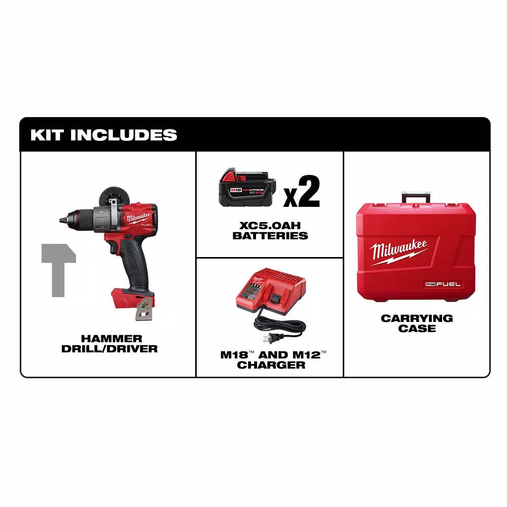 Milwaukee M18 FUEL 1/2 in. Brushless Hammer Drill Driver Kit with Two 5.0 Ah Batteries and Charger
