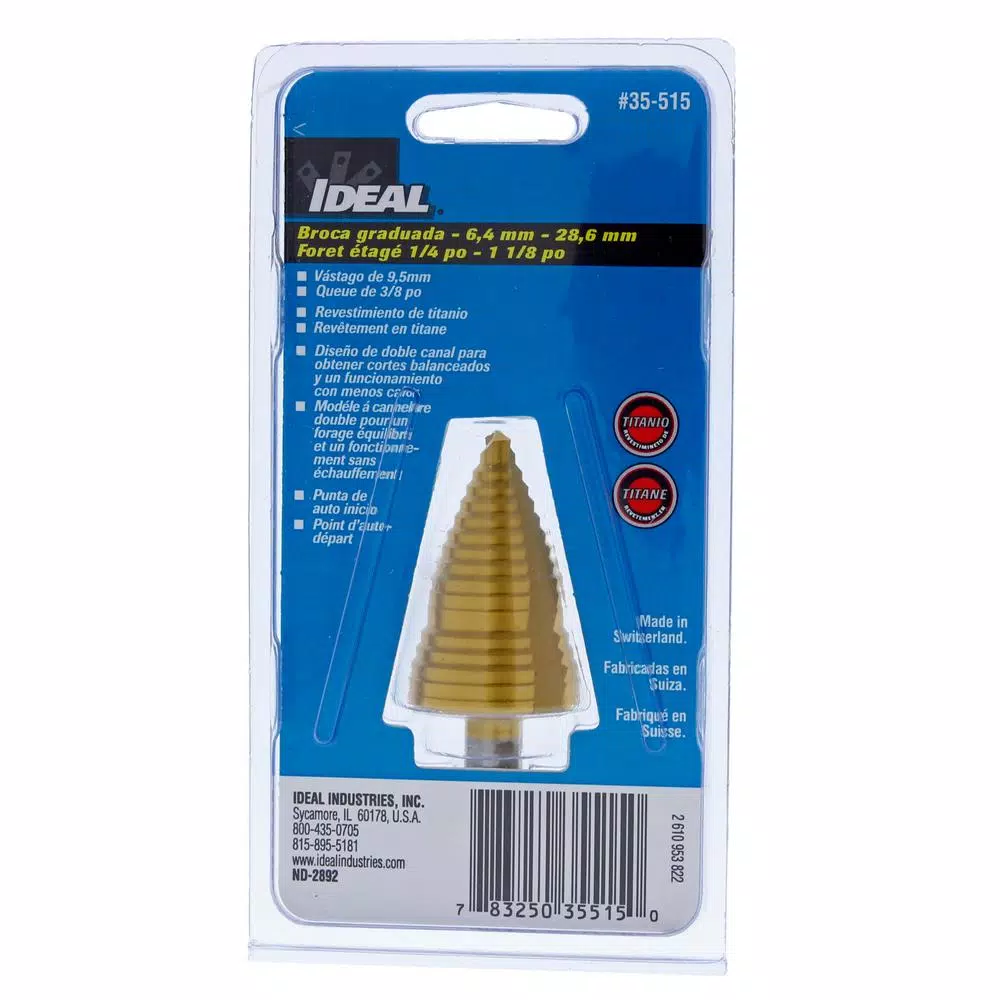 Ideal Titanium Nitride Coated Step Drill Bit, 1/4 in. to 1-1/8 in., Double-Fluted