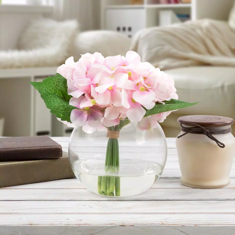 Pure Garden 7.5 in. Pink Hydrangea Artificial Floral Arrangement in Glass Vase