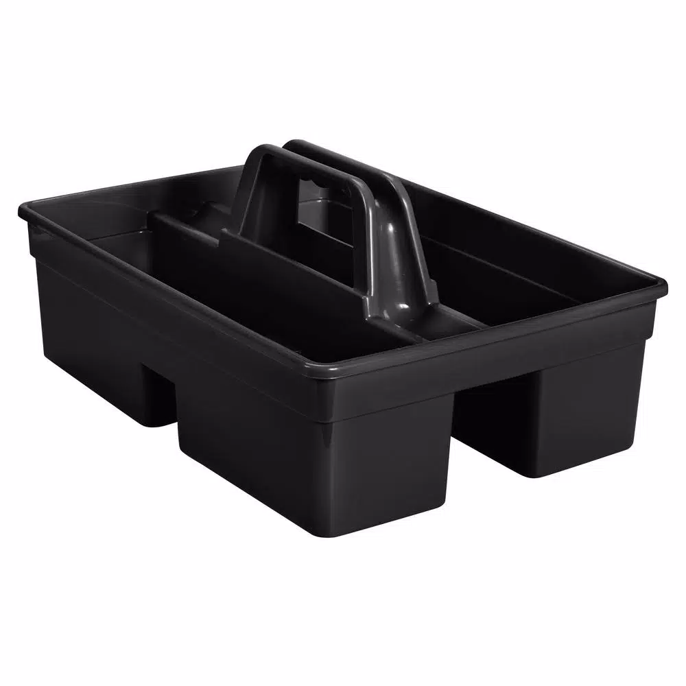 Rubbermaid Commercial Products Black Divided Plastic Carry Caddy with 2 Compartments for Cleaning Supplies and Tools