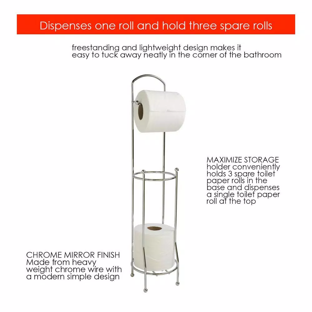 Home Basics Freestanding Chrome Toilet Paper Holder and Dispenser with 3-Roll Storage