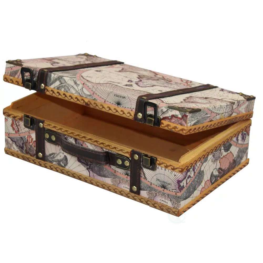 Vintiquewise Old World Map Suitcase Decorative Wood and Faux Leather Keepsake Box