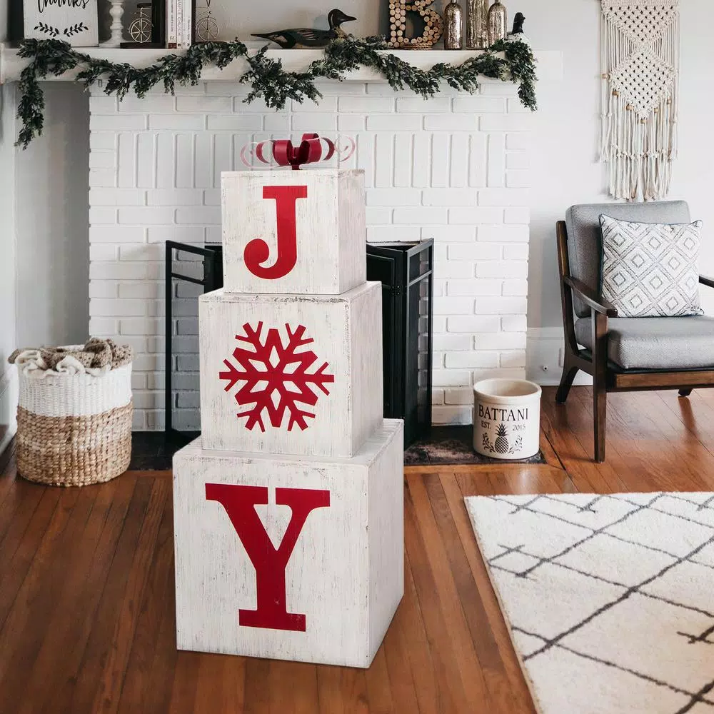 Glitzhome 31.89 in. Wooden Block Wording Porch Sign - JOY Festive Holiday Decor