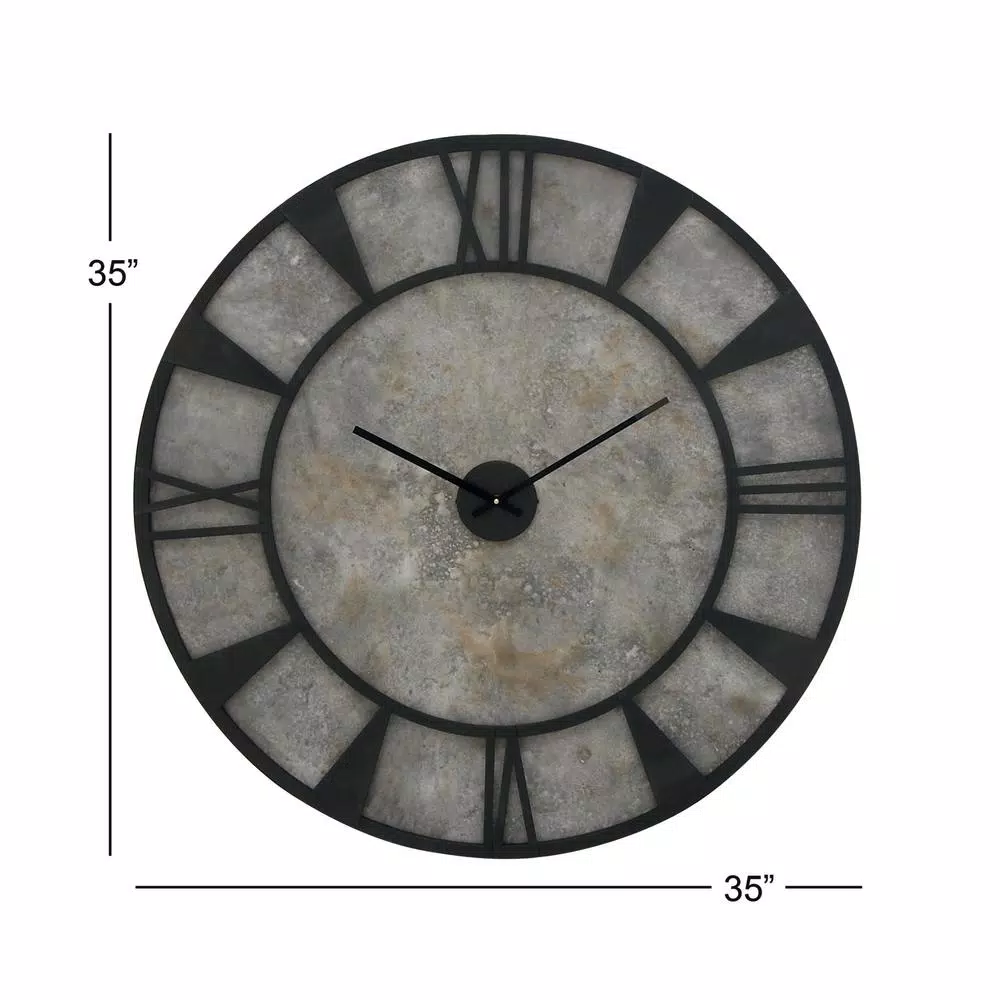 LITTON LANE 35 in. Modern Industrial Round Wall Clock - Matte Black Iron and Stone Gray Wood