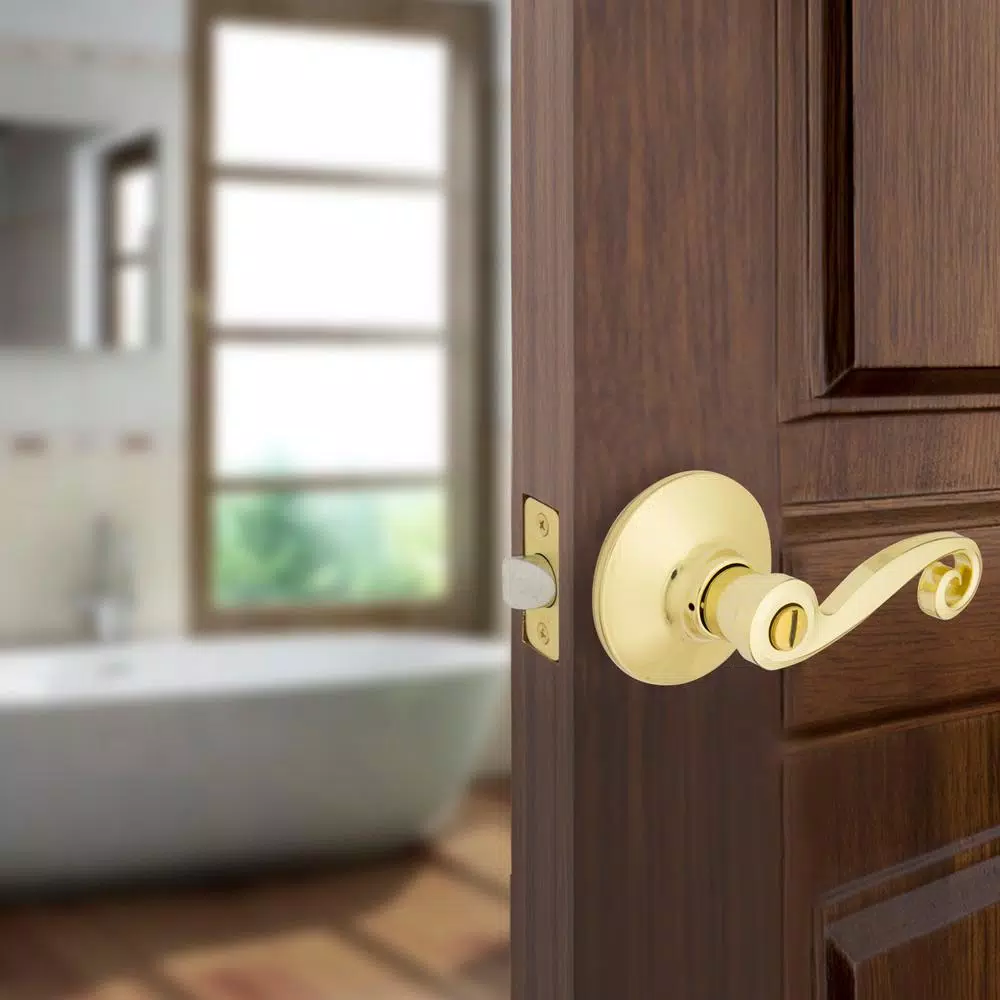 Defiant Scroll Polished Brass Privacy Lever Set for Bedroom and Bathroom Doors