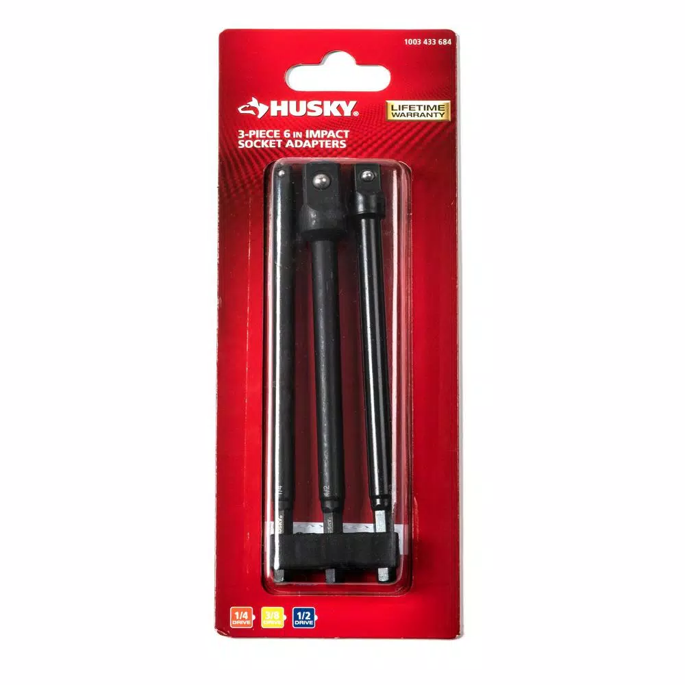 Husky 3-Piece Impact Socket Adapter Set, 1/4 in. Hex Shank to 1/4 in., 3/8 in., and 1/2 in. Drive