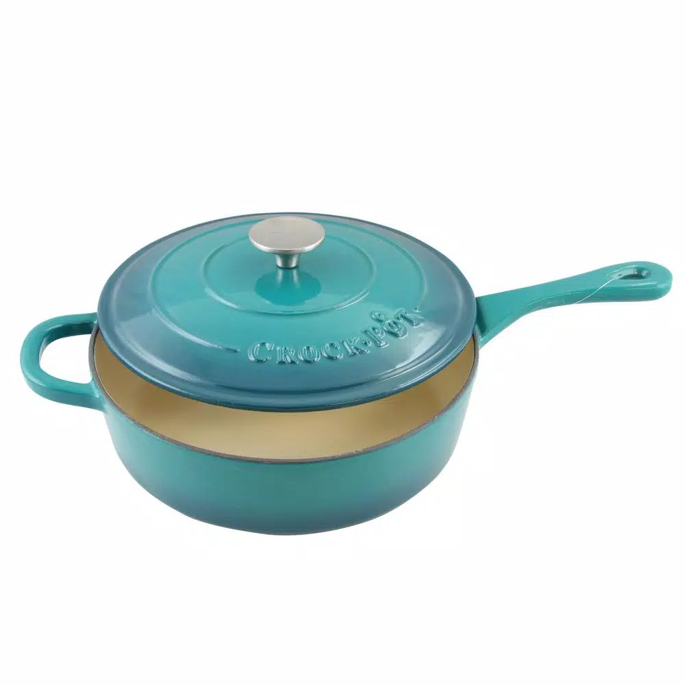 Crock-Pot Artisan 3.5 Qt. Cast Iron Enamel Saute Pan with Lid, Teal Ombre