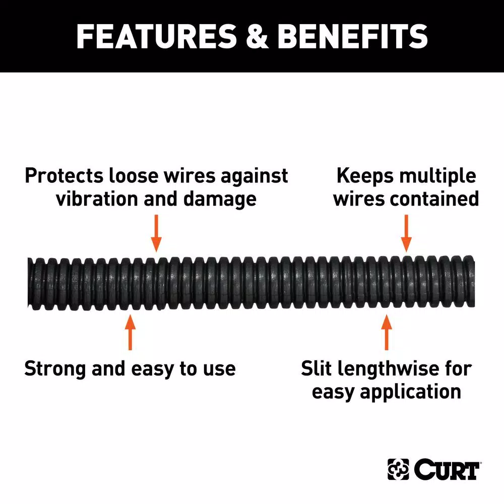 CURT 3/8" Convoluted Slit Loom Tubing, 25ft Black Wire Conduit