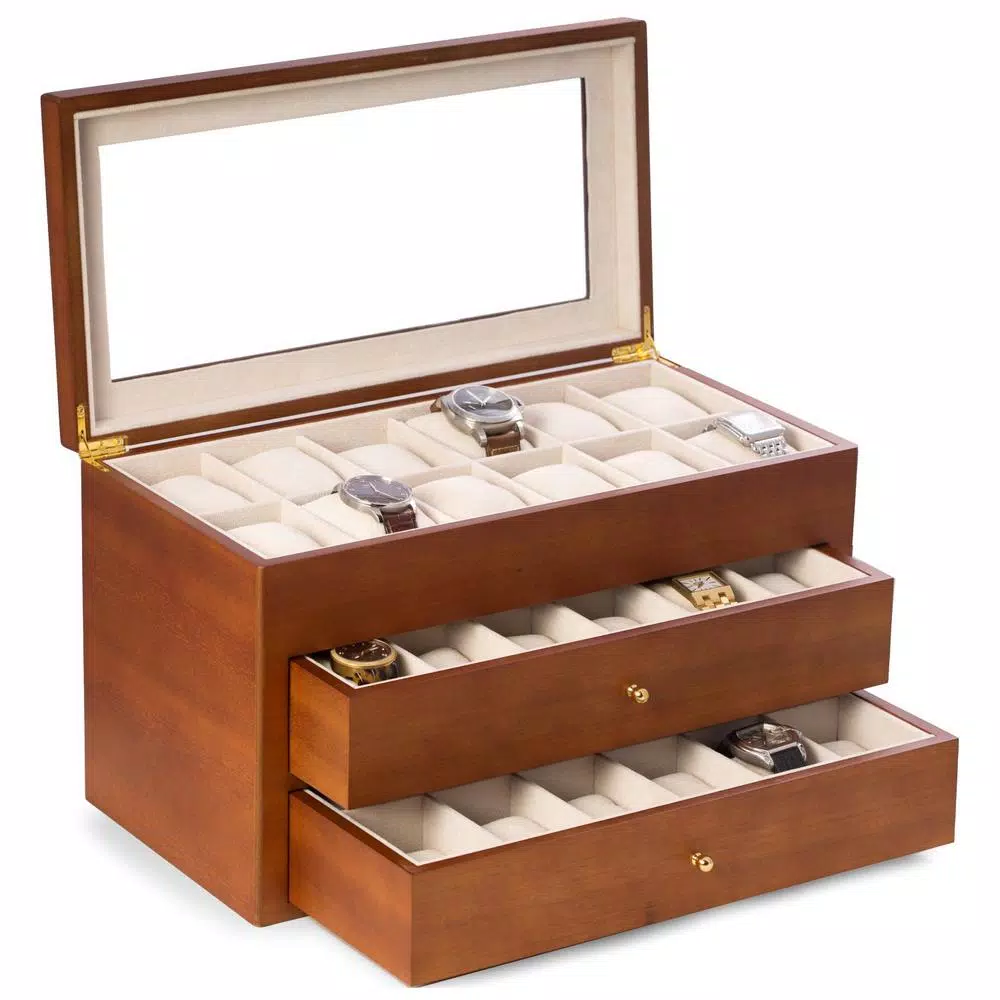 Bey-Berk Harvey Cherry Wood 36-Watch Box with Glass Top and 2 Drawers