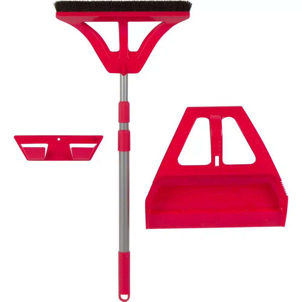 WISP 3-Piece Red Broom and Dustpan Set with 90-Degree Angle, Telescoping Handle, and Bristle Seal Technology