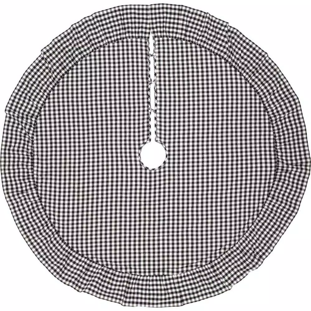 VHC Brands Emmie 60 in. Black and White Farmhouse Christmas Ruffled Tree Skirt