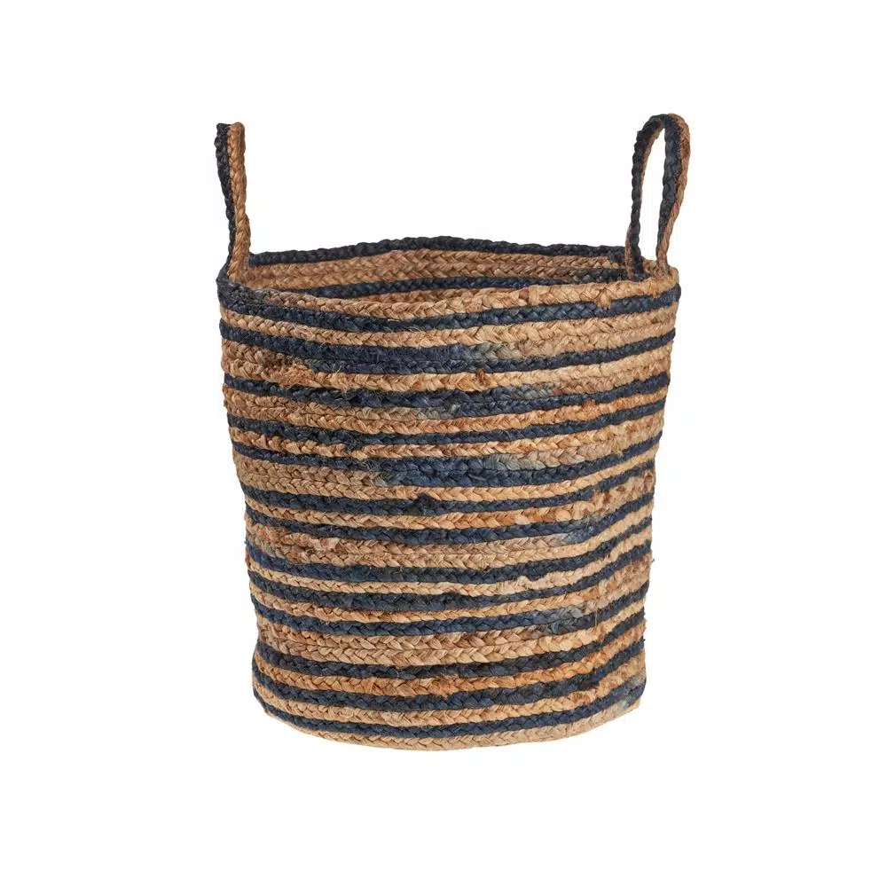 LR Home Wonder Striped Braided Navy Blue Natural Jute Decorative Storage Basket with Handles