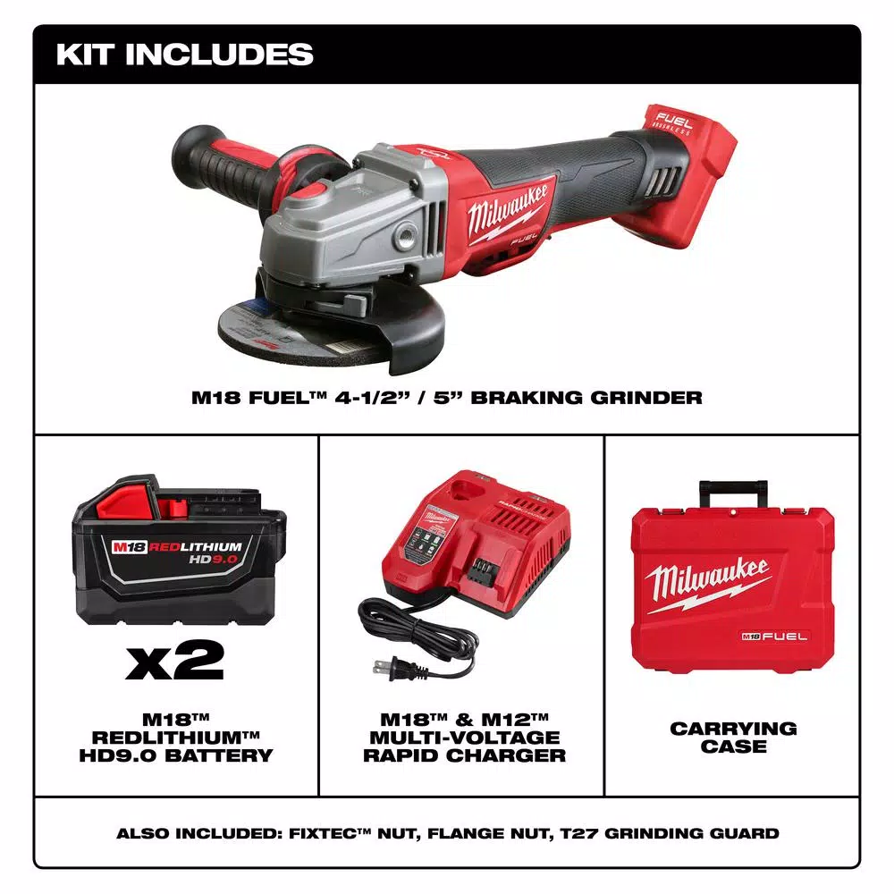 Milwaukee M18 FUEL 4-1/2 in. / 5 in. Braking Angle Grinder Kit with (2) 9.0 Ah Batteries and Rapid Charger