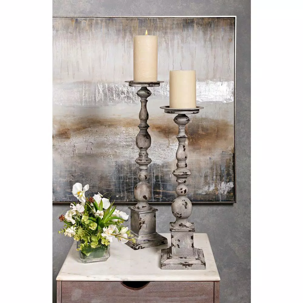 IMAX Hamilton Wrought Iron Hurricane Candleholders, Set of 2, Weathered Grey Finish