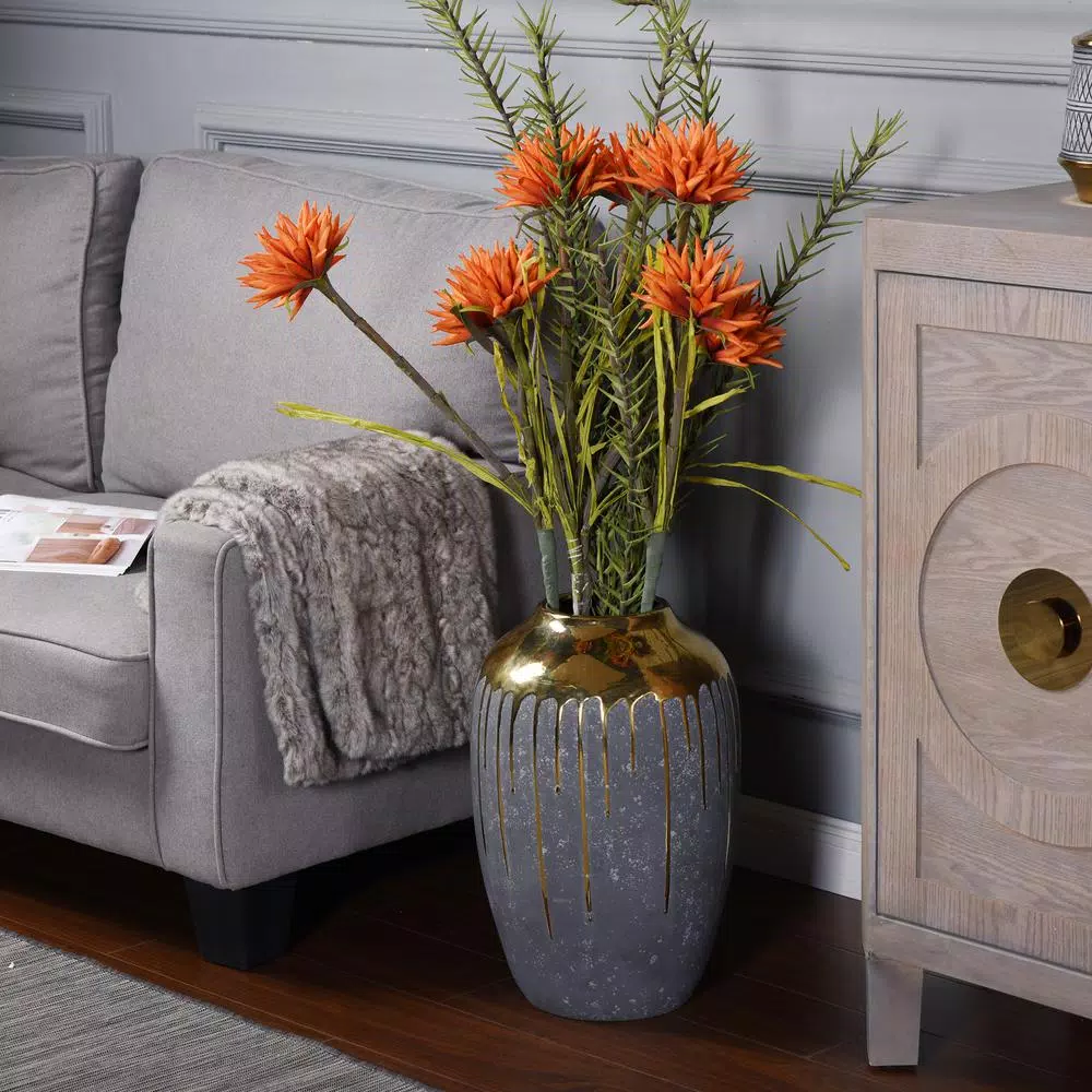 StyleCraft Marloe Charcoal and Gold Ceramic Table Vase, Contemporary Urn Style
