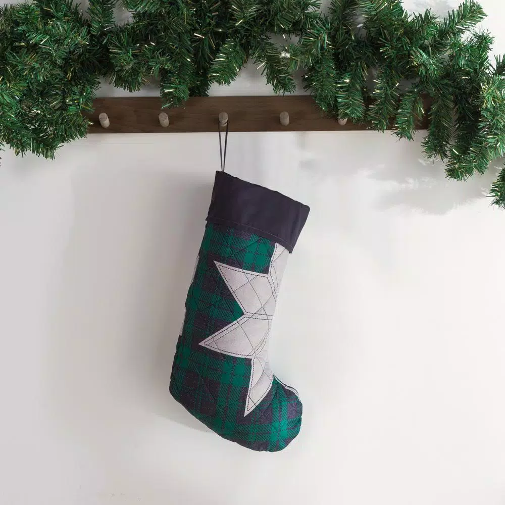 Country Living Christmas Carol 17.5 in. Navy and Green Plaid Microfiber Christmas Stocking with Star Applique