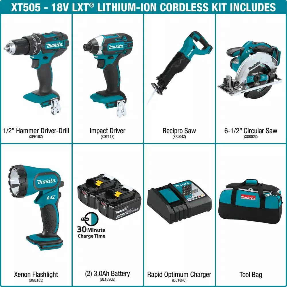Makita 18V LXT Lithium-Ion 5-Tool Cordless Combo Kit with (2) 3.0 Ah Batteries, Rapid Charger and Tool Bag