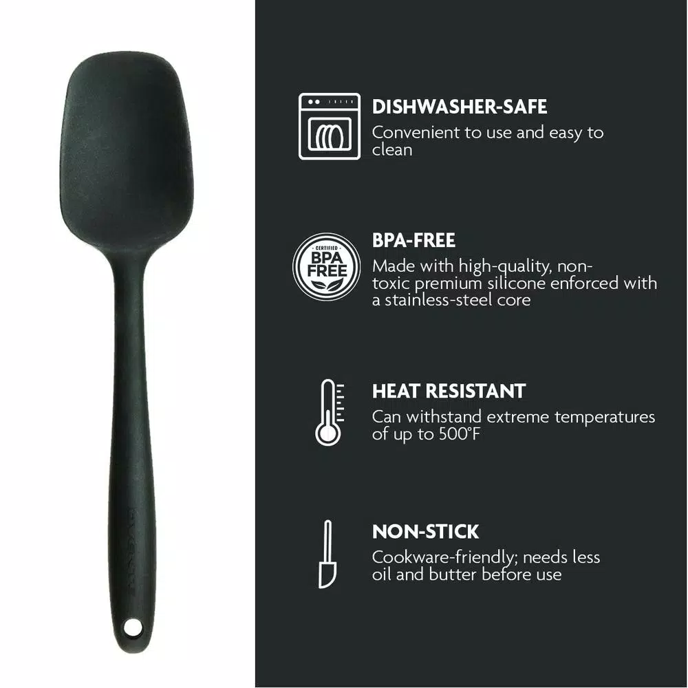 Ovente Premium Silicone Spatula with Stainless Steel Core, Heat Resistant up to 500°F, BPA-Free, Black