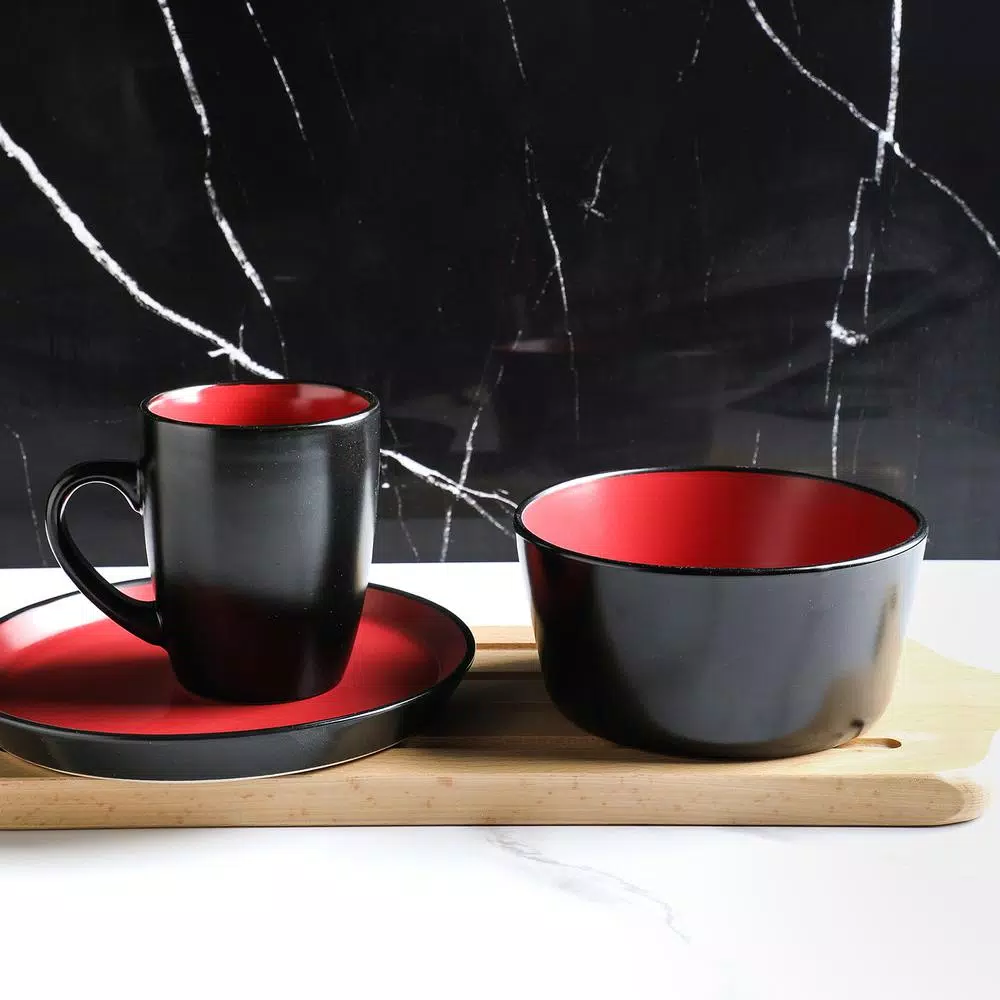 STONE LAIN 32-Piece Red and Black Stoneware Dinnerware Set, Service for 8
