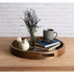Kate and Laurel Hutton 18.25 in. Round Rustic Brown Wooden Decorative Serving Tray with Built-in Handles thumbnail 5