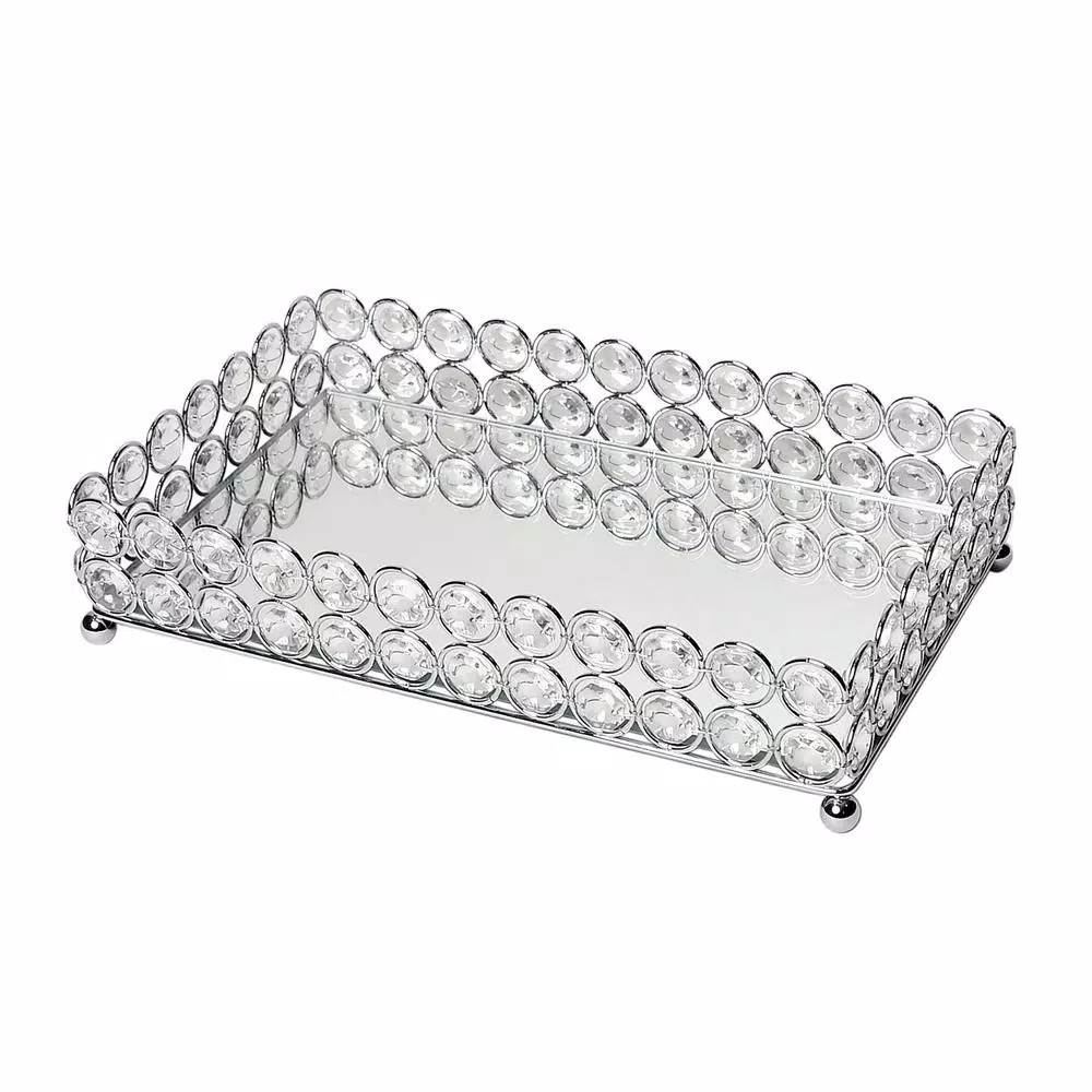 Elegant Designs 10.5 in. Chrome Ellipse Crystal Decorative Mirrored Jewelry and Makeup Vanity Organizer Tray