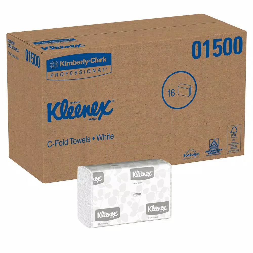 Kleenex C-Fold White Paper Towels, 1-Ply, 150 Sheets per Pack, 16 Packs per Carton