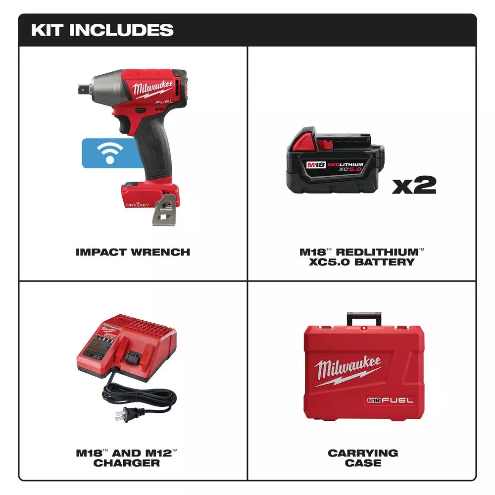 Milwaukee M18 FUEL ONE-KEY 1/2 in. Compact Impact Wrench Kit with (2) 5.0 Ah Batteries & Charger