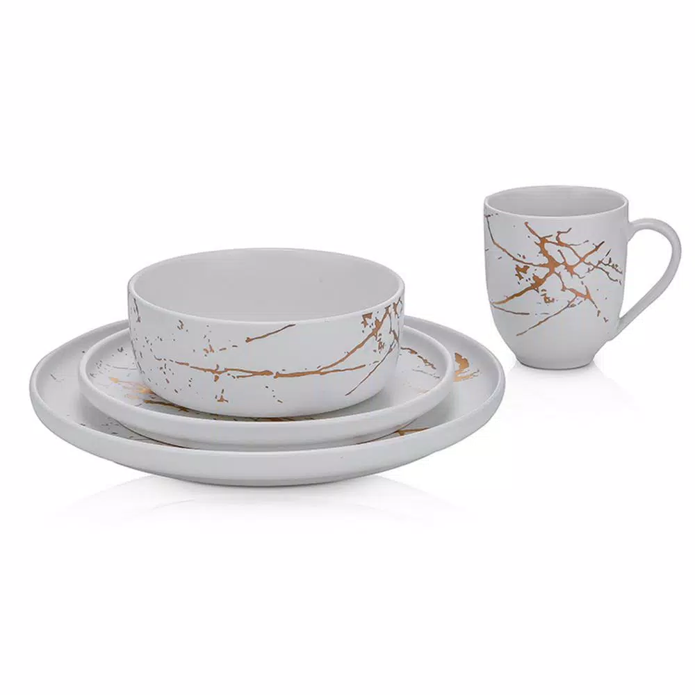 Stone Lain 32-Piece Porcelain Dinnerware Set, Gold Splash White Round Dishes for 8