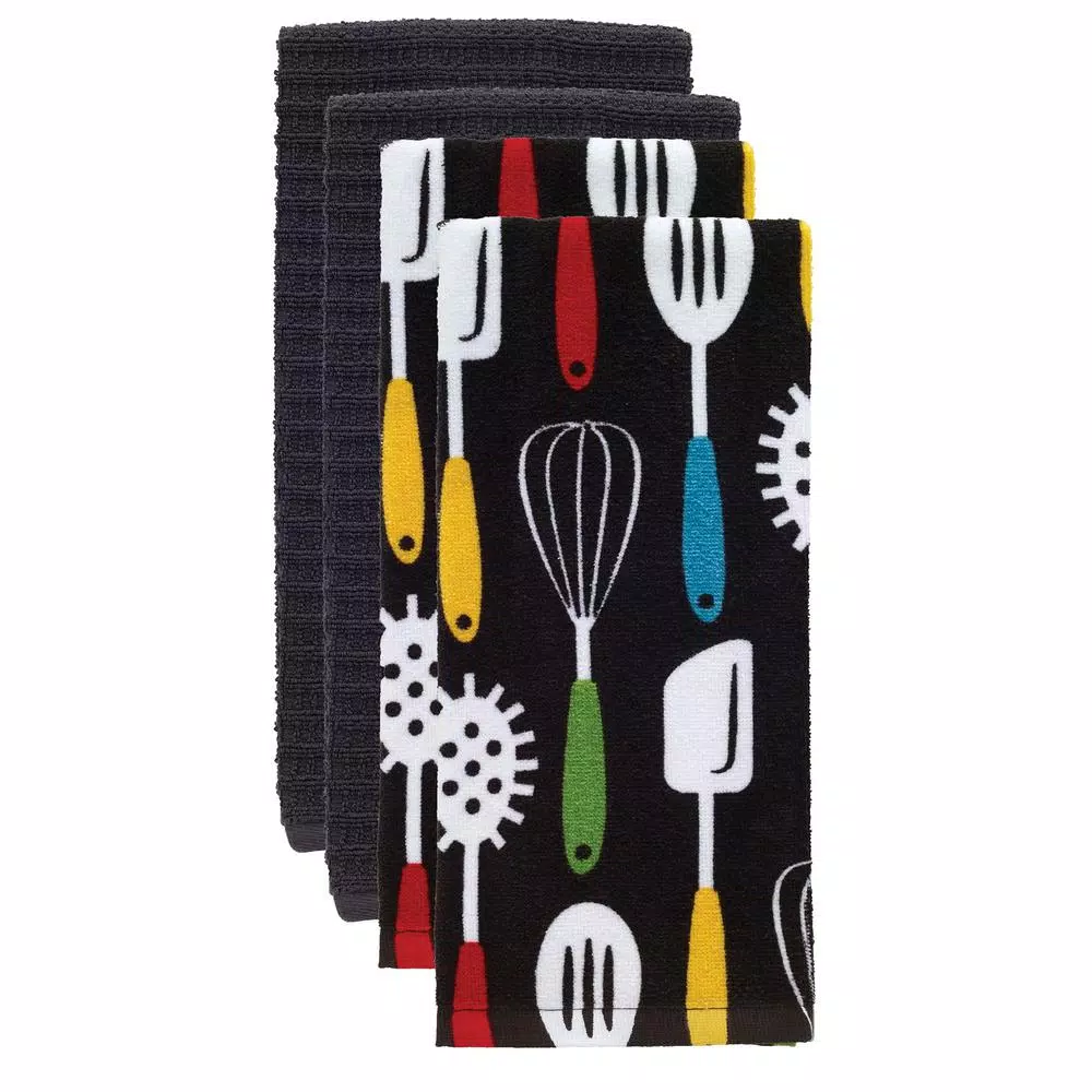 RITZ T-fal Multicolor Cotton Fiber Reactive Print and Solid Kitchen Dish Towel Set, 4-Pack