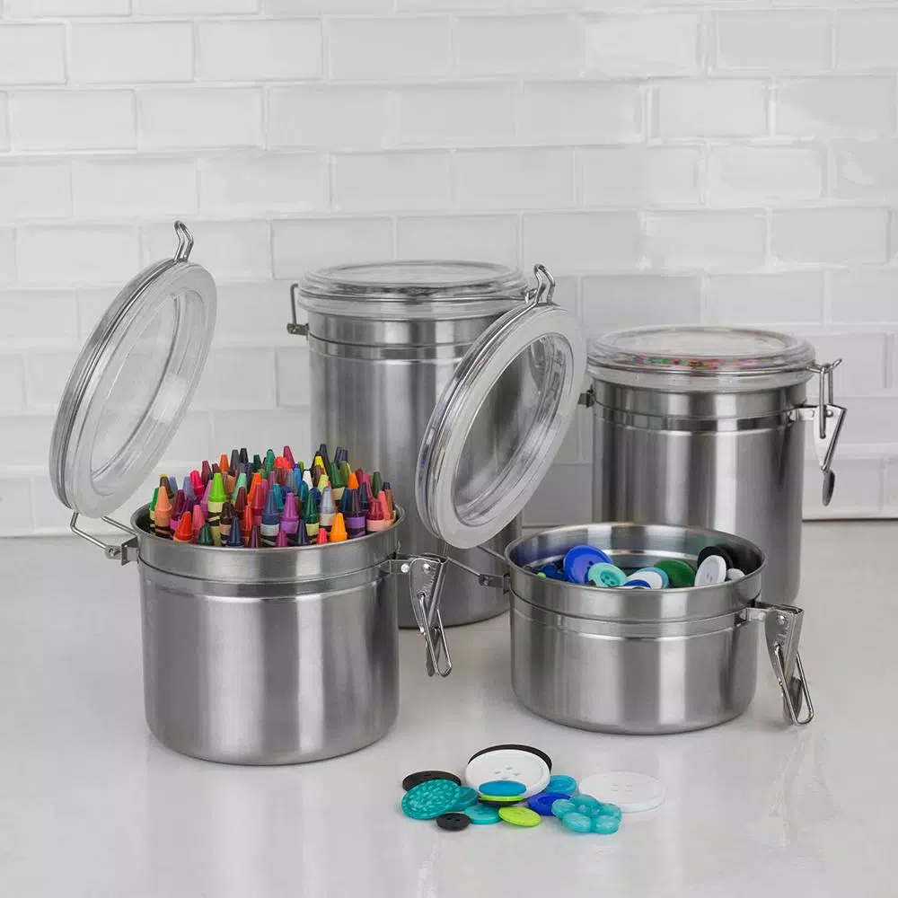 Home Basics Stainless Steel 4-Piece Canister Set with Airtight Translucent Lids