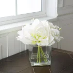 Pure Garden 8.5 in. Cream Lily Floral Arrangement in Square Glass Vase thumbnail 9