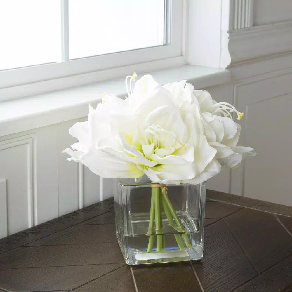 Pure Garden 8.5 in. Cream Lily Floral Arrangement in Square Glass Vase
