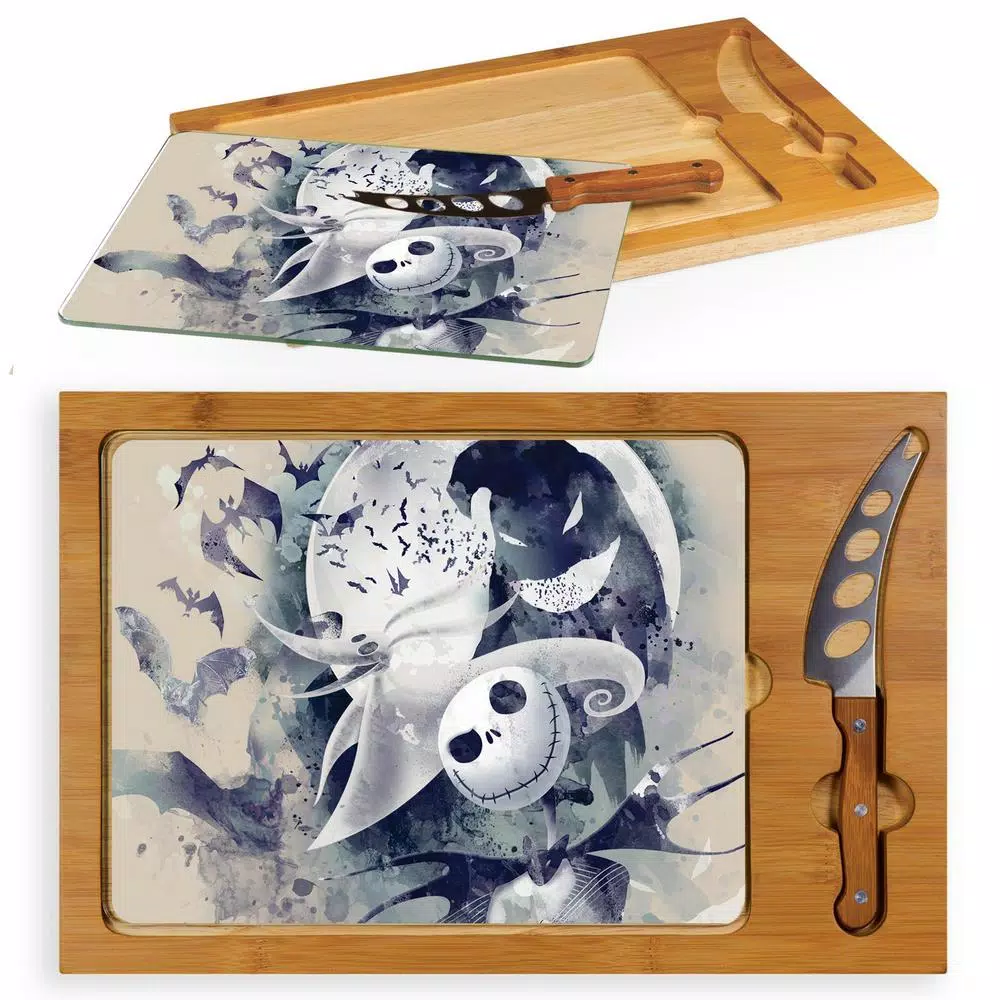 TOSCANA Jack and Zero Icon Glass Top Serving Tray and Cheese Knife Set, Rubberwood & Bamboo