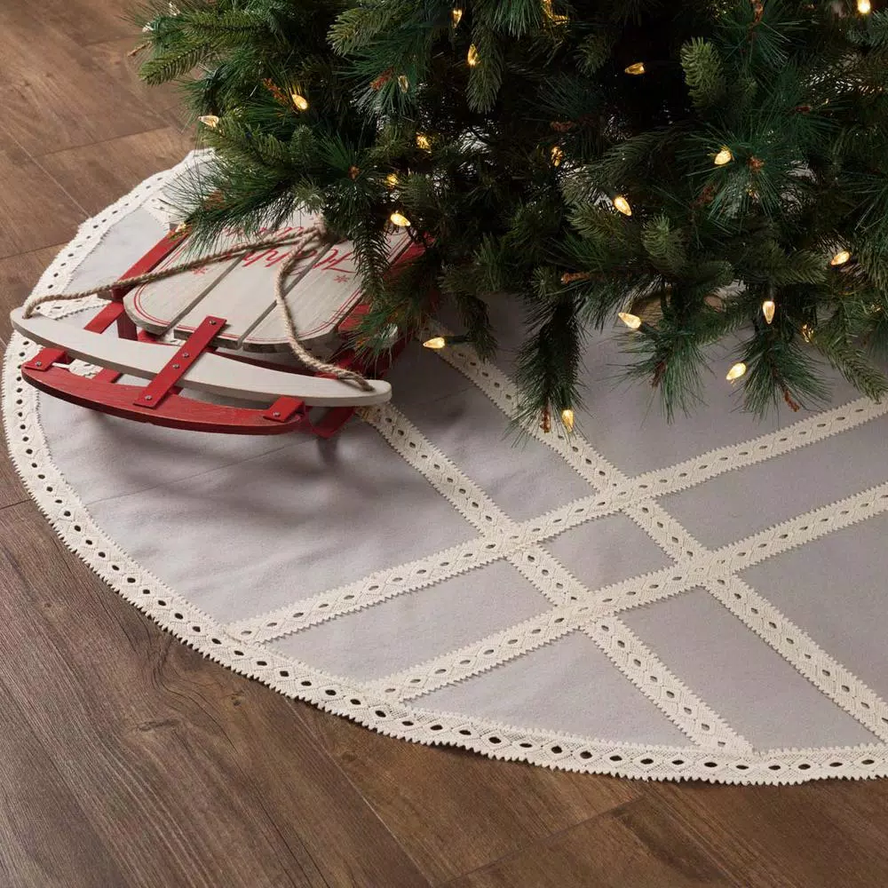 VHC Brands 60 in. Grey Margot Farmhouse Christmas Tree Skirt with Diamond Cut Lace