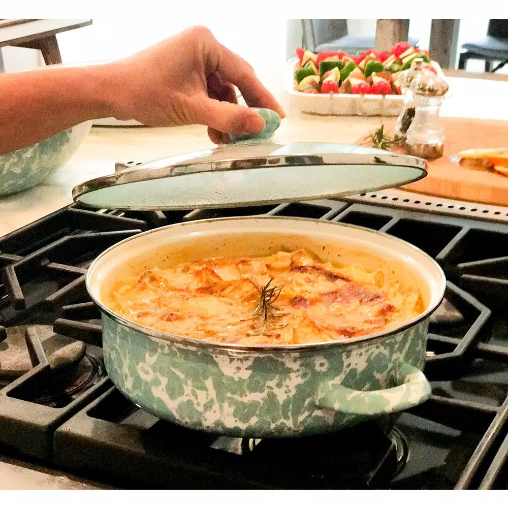 Golden Rabbit 8 qt. Porcelain-Coated Steel Saute Pan with Glass Lid, Solid White