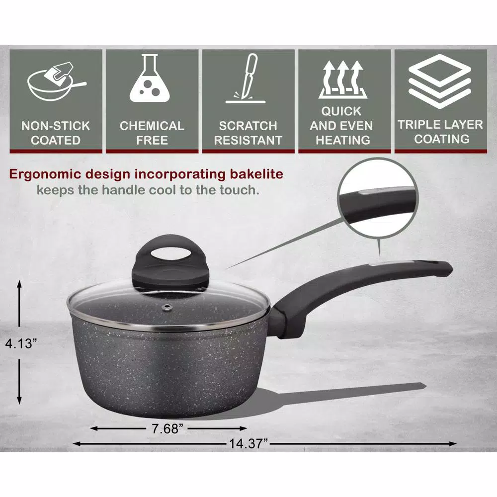 AMERCOOK Lava Stone 7 qt. Aluminum Nonstick Saucepan with Glass Lid, Gray