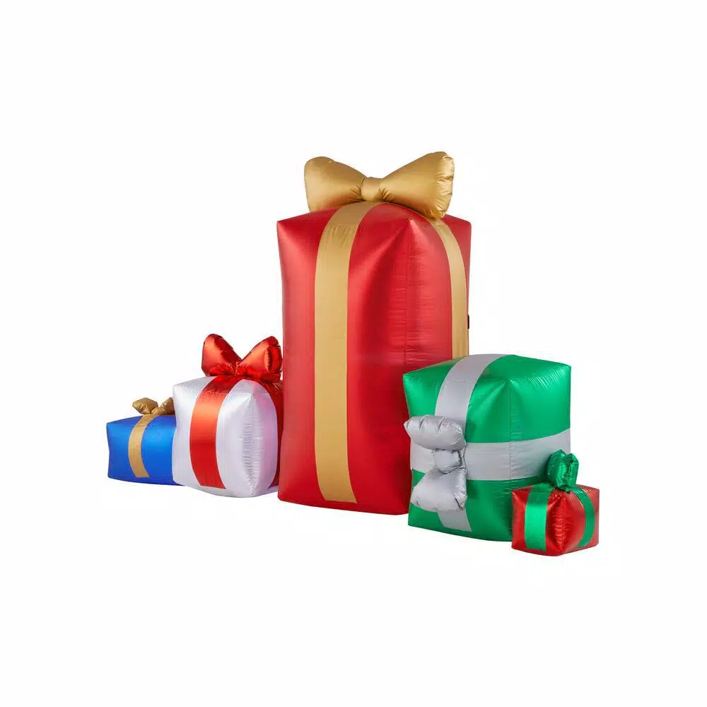 Airblown 4.43 ft. Inflatable Fuzzy Gift Box Scene with Metallic Fabric and LED Lights